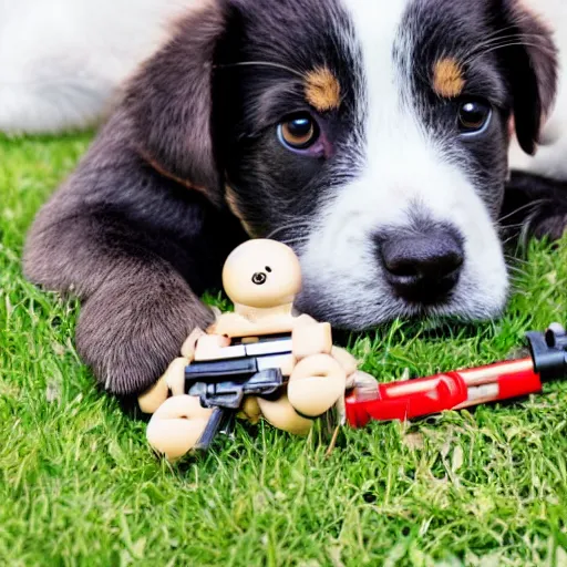 Prompt: a cute little puppy pointing a toy gun at the camera