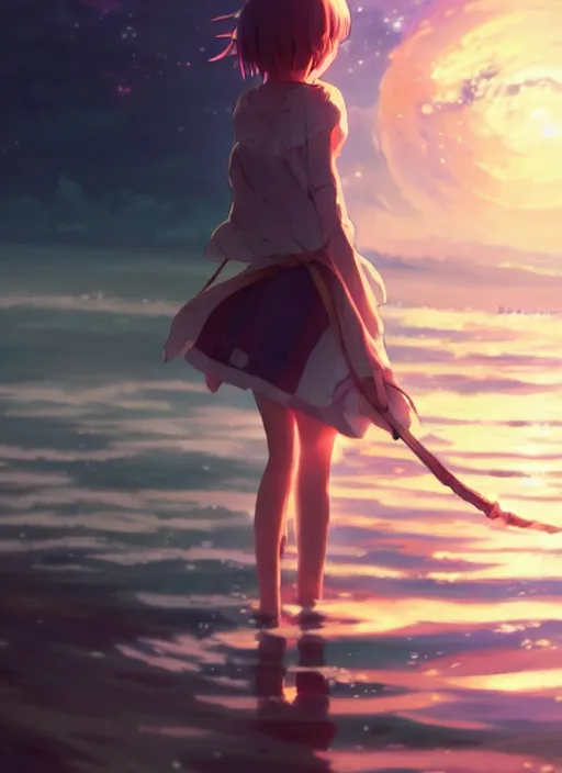 Prompt: anime girl walking on water, ripples, backdrop of dawn, saturn in the background, illustration, concept art, anime, key visual, trending pixiv fanbox by wlop and greg rutkowski and makoto shinkai and mamoru hosada and studio ghibli