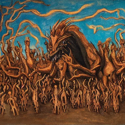 Image similar to A beautiful land art of a large, dragon-like creature with sharp teeth, talons, and a long tail. The creature is looming over a small group of people who appear to be in distress. burnt umber, in the desert by Wes Anderson, by Affandi rich details, loose