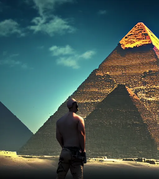 Image similar to a beefy man with a machine gun, egyptian pyramid in the background, 4 k, sharp focus, illustration, highly detailed, cinematic, photorealistic, cyberpunk