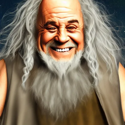 Image similar to danny devito as gandalf, deviantart, smile, ultra realistic illustration, final fantasy, high quality, full color, full body