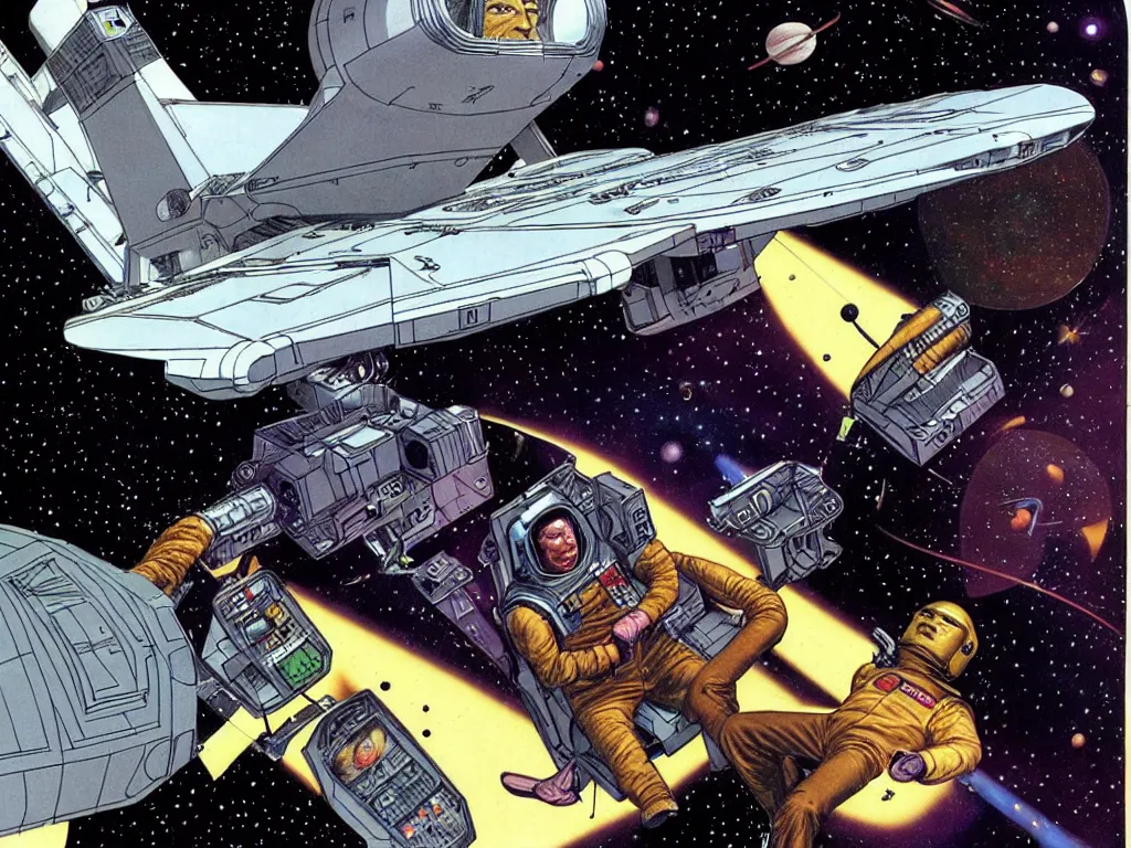 Prompt: peering over the should of Pacal Votan, Star navigator while his gloved hand works the controls in the cockpit of an advanced space ship by Richard Corben