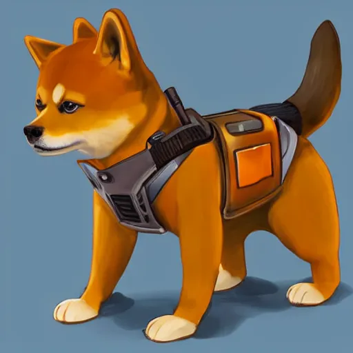 Image similar to anthropomorphic shiba inu, wearing armor from game stalker freedom yellow exoskeleton armor without helmet, with rifle in hands,