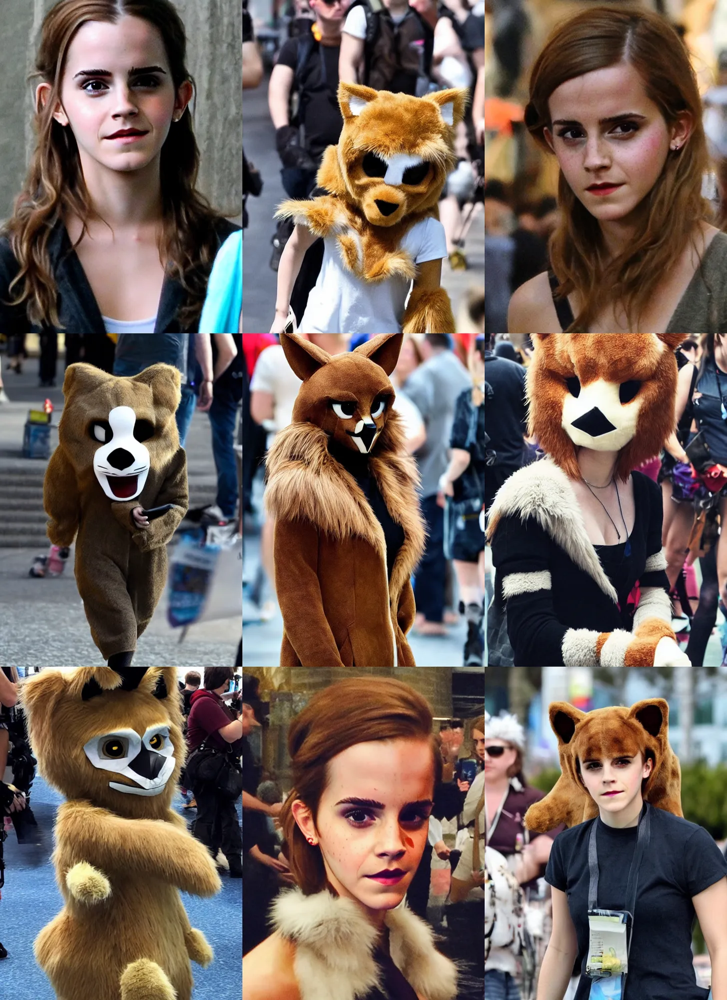 Image similar to emma watson spotted at a furry convention wearing her fursuit, face!!! visible!!!, photo taken with an iphone, candid photography, zoomed in