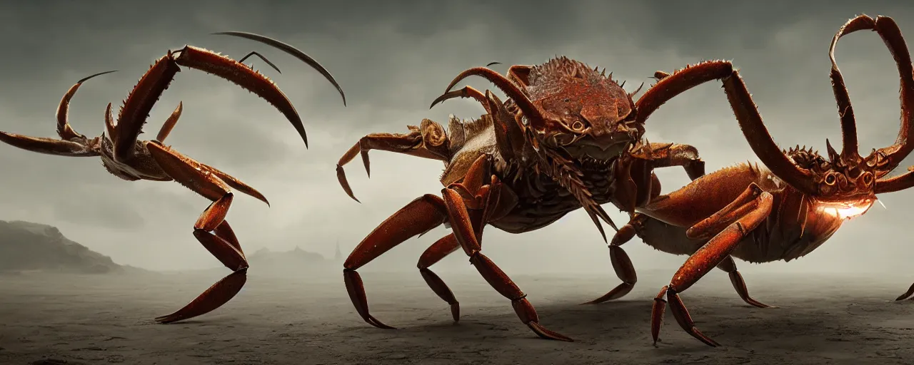 Prompt: creature design, crab - gazelle hybrid, cinematic lighting, octane render, cinematic aura lighting, atmospheric, photorealistic, hyperdetailed 3 d matte painting, hyperrealism, hyperrealistic