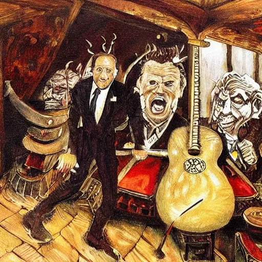 Image similar to masterpiece painting of Joe Biden playing the hurdy gurdy in a fantasy tavern by Ian Miller