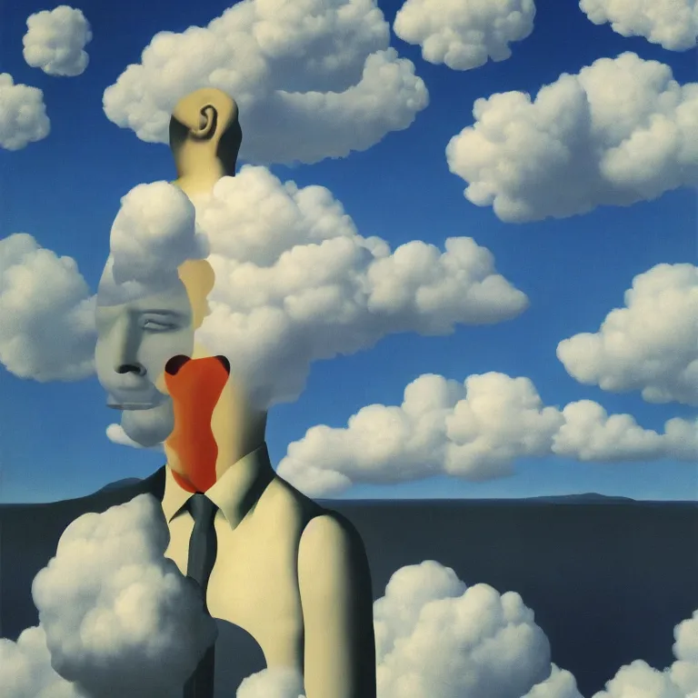 Image similar to cloud - man, by rene magritte, centered, detailed painting, hd, hq, high resolution, high detail, 4 k, 8 k