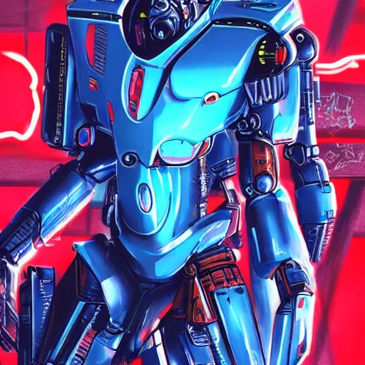 Image similar to arasaka mech, cyberpunk, art by christian ward, red and blue neon