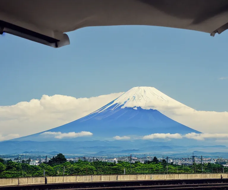 Image similar to a photo of mount fuji, among beautiful japanese landscapes, seen from a window of a train. dramatic lighting.