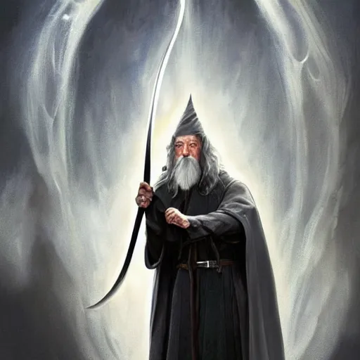 Image similar to gandalf as a warlock using shadow magic, artstation hall of fame gallery, editors choice, #1 digital painting of all time, most beautiful image ever created, emotionally evocative, greatest art ever made, lifetime achievement magnum opus masterpiece, the most amazing breathtaking image with the deepest message ever painted, a thing of beauty beyond imagination or words