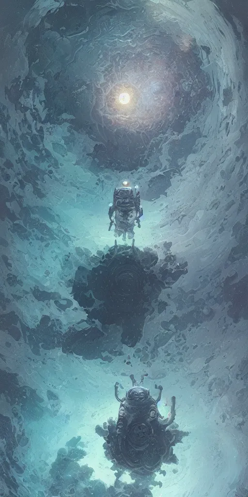 Prompt: an astronaut fading into the aether, water elemental, james gurney, peter mohrbacher, mike mignola, black paper, mandelbulb fractal, trending on artstation, exquisite detail perfect, hyper detailed, intricate ink illustration