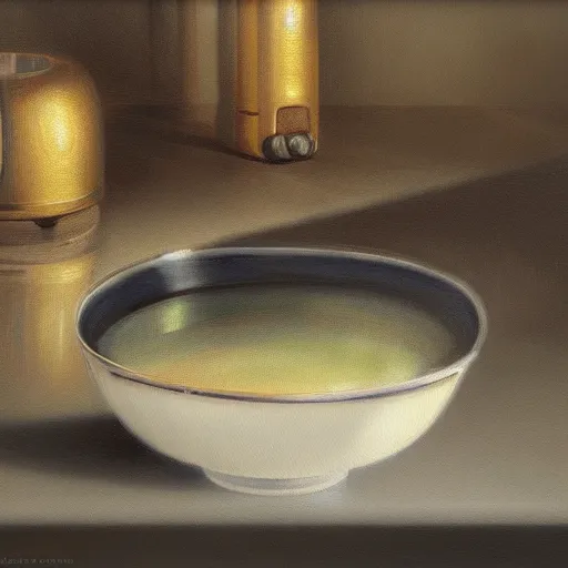 Image similar to a robotic soup bowl, oil painting, pale colors, high detail, 8 k, wide angle, trending on artstation,