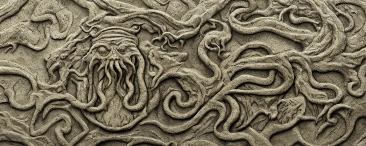 Prompt: limestone panel with Cthulhu, clean, texture, photorealistic, scenic