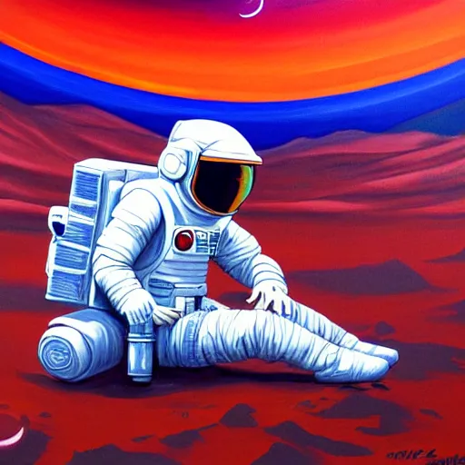 Image similar to an astronaut laying on mars in the style of flooko, acrylic art, detailed, moonlight