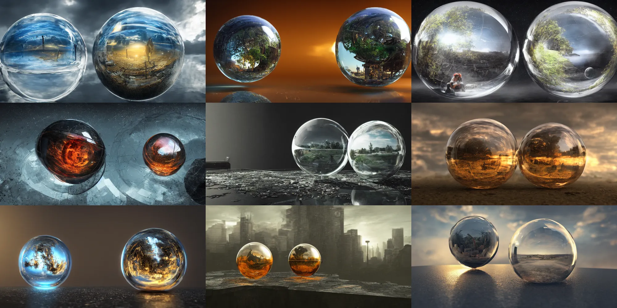 Prompt: a detailed 8k photograph of a glass sphere with a Apocalyptic scene inside of it, sitting on a reflective table in a realistic style. vray, photorealism, Octane Render.