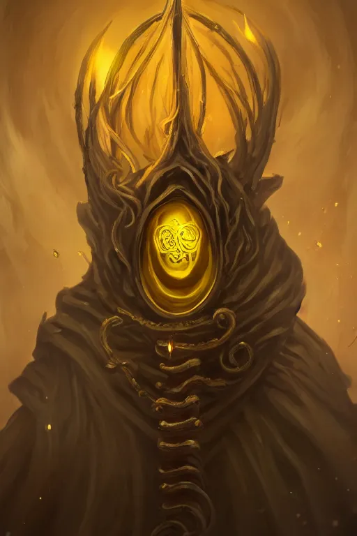 Prompt: A full body portrait of a mysterious character with no face with a very long hooded yellow cloak, a golden crown floating above his head, tentacles coming out the ground art by Shaddy Safadi and Jason Chan, ominous, cosmic horror, trending on artstation, Ultra detailed, hyper realistic 4k