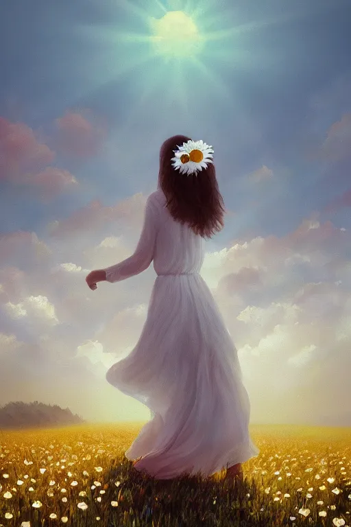 Image similar to giant white daisy flowers over face veil, girl walking in a flower field, surreal photography, sunrise, dramatic light, impressionist painting, colorful clouds, digital painting, artstation, simon stalenhag