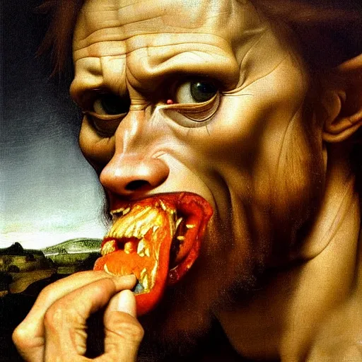 Image similar to close up portrait of willem dafoe eating an entire horse, oil painting, high detail, dark lighting, atmospheric, extremely detailed, intricate, da vinci, michelangelo, caravaggio, hans holbein, raphael, donatello, 8 k