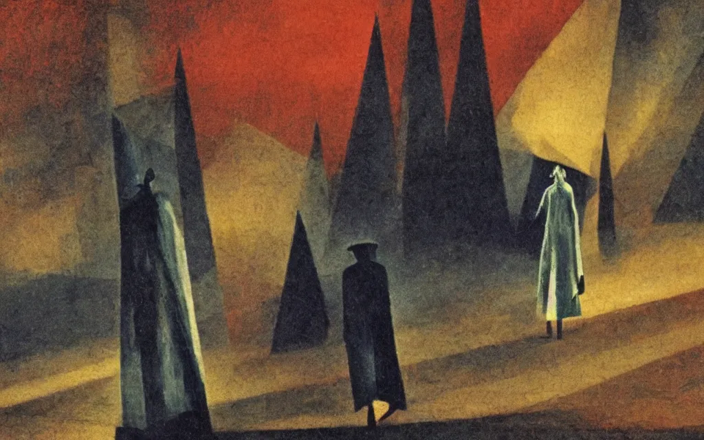 Prompt: high quality high definition colorized movie still from The Cabinet of Doctor Caligari: a lonely ghost walking alone at night in the woods, high quality oil painting, iridescent color palette