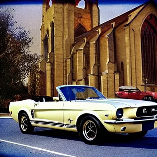 Prompt: Ford Mustang in front of a church in the 60\'s.