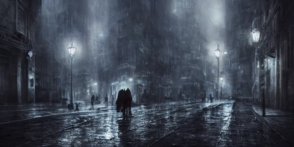 Image similar to a cold and melancholic city in a dark cavern, rainy and gloomy atmosphere, fantasy digital art, octane render, beautiful composition, trending on artstation, award - winning photograph, masterpiece