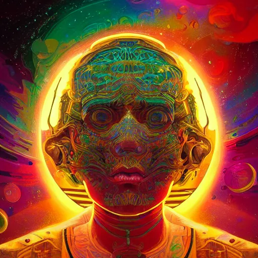 Image similar to An extremely psychedelic experience, colorful, surreal, dramatic lighting, cosmonaut, LSD, face, detailed, intricate, elegant, highly detailed, digital painting, artstation, concept art, smooth, sharp focus, illustration, art by Sam Spratt, Dan Mumford, Artem Demura and Alphonse Mucha