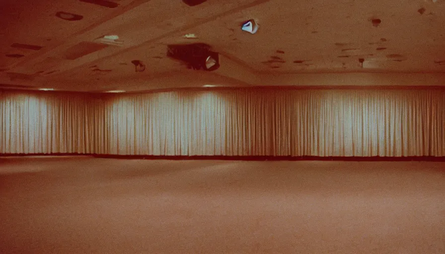 Image similar to 70s movie still of liminal space empty ballroom , cinestill 800t Technicolor, heavy grain, high quality, criterion collection