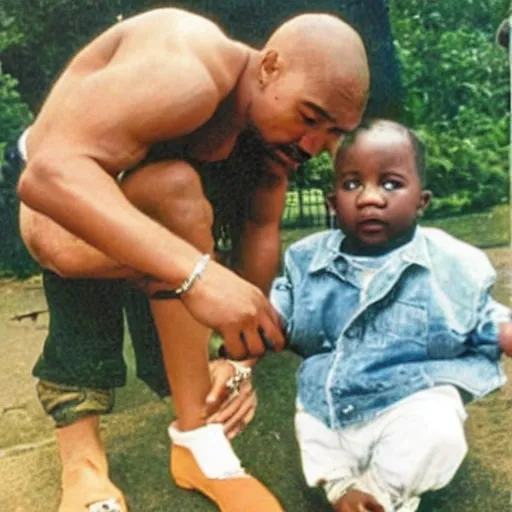 Image similar to photo of 2 pac taking care of my white caucasian baby, the baby is white you stupid ai.