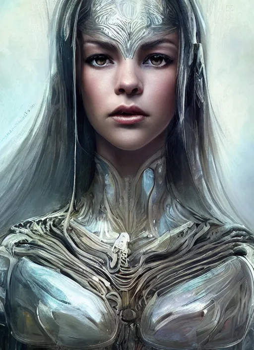 Image similar to a professional painting of a beautiful young female alien, clothed in ethereal armor, olive skin, long dark hair, beautiful bone structure, symmetrical facial features, intricate, elegant, digital painting, concept art, smooth, sharp focus, illustration, from Valerian and the City of a Thousand Planets, by Ruan Jia and Mandy Jurgens and Artgerm and William-Adolphe Bouguerea