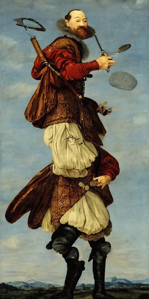 Image similar to faceless man flies over a landscape, he is wearing a comedy mask, he is wearing elizabethan boots and ruff, he carries a broadsword in his left hand, painted by frans hals, dramatic theater lighting