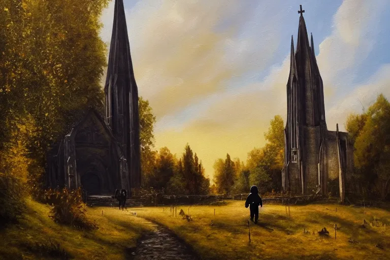 Prompt: a detailed oil painting of darth vader leaving a quaint medieval flint church, english, churchyard, trees, golden hour, lead - covered spire, realistic architecture