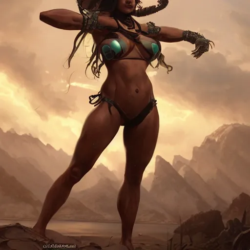 Prompt: painting of a muscular dark nepali female, bikini armour, big eyes, fat, ultra realistic, concept art, intricate details, eerie, highly detailed, photorealistic, octane render, 8 k, unreal engine. art by artgerm and greg rutkowski and alphonse mucha