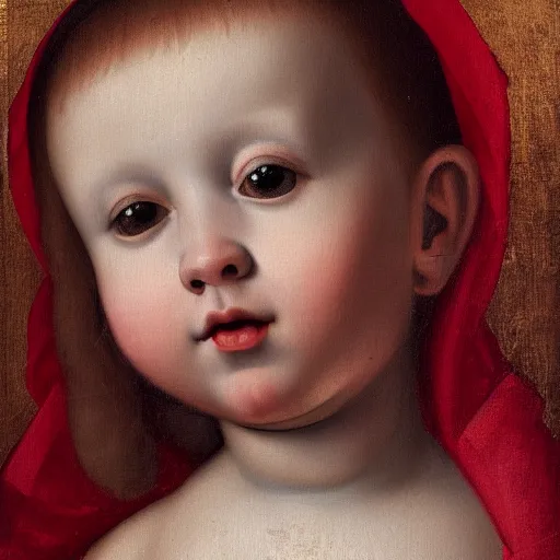 Image similar to Renaissance portrait of a holy catholic baby, trending on art station, 4k UHD, 8k, painting illustration, realistic lighting, high detail