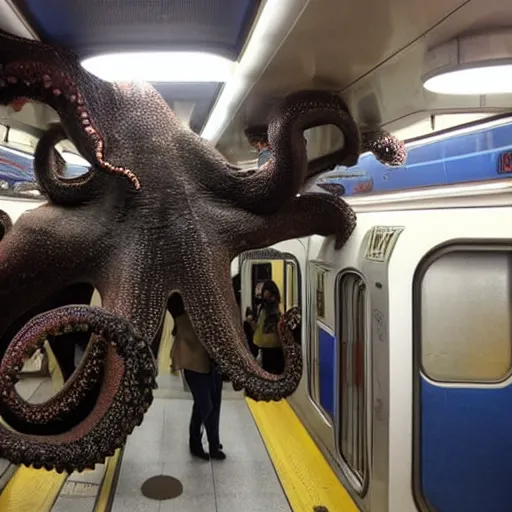 Image similar to of a giant octopus invading a interior of a subway train in new york,