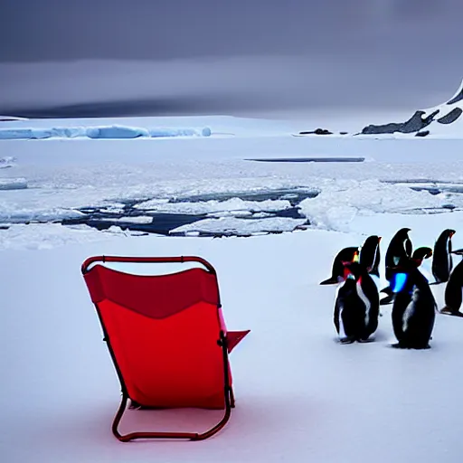 Image similar to a red camping chair in the middle of antarctica. the chair is 3 0 meters away from the camera and the chair is surrounded by a group of penguins.