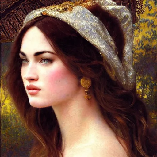 Image similar to detailed potrait of megan fox on baroque painting, girl graceful,, painting by gaston bussiere, craig mullins, j. c. leyendecker, lights, art by ernst haeckel, john william godward, hammershøi,,