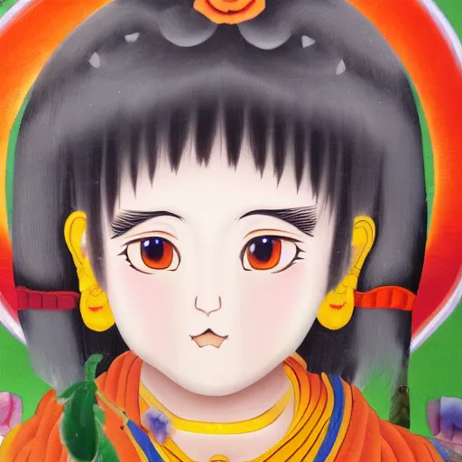 Prompt: thangka painting depicting a cute anime girl, hyperrealistic, highly detailed, trending on artstation