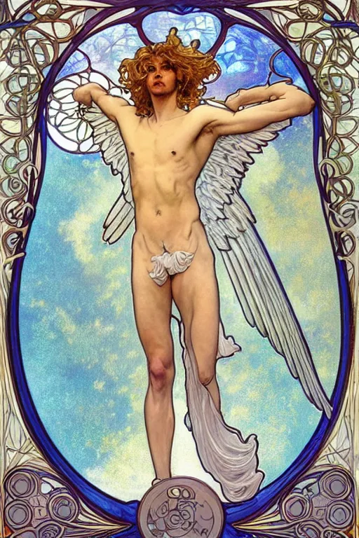 Image similar to full figure art nouveau window depicting a beautiful young fit male angel with curly blond hairs, dressed with fluent clothes, majestic wings, luminous halo, by alfons mucha, d & d character, gradient white to gold, in front of an iridescent background, highly detailed portrait, digital painting, artstation, concept art, smooth, sharp focus, illustration, artstation hq