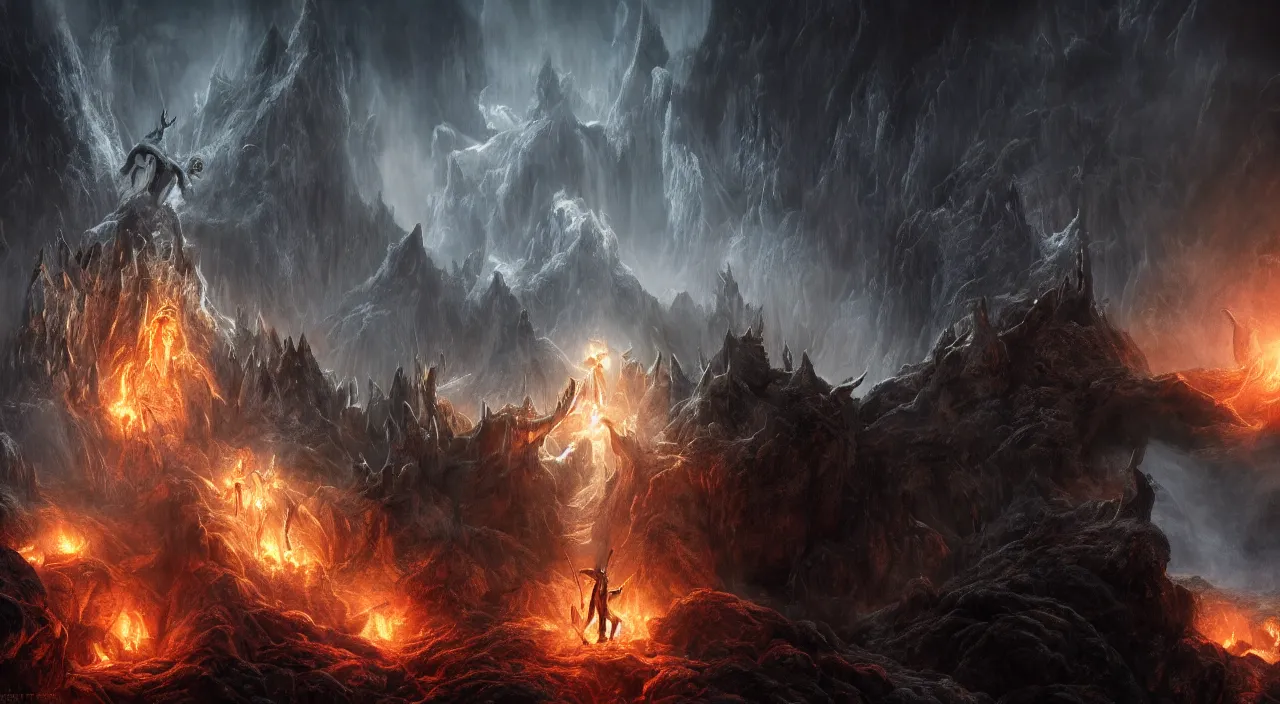 Prompt: god fighting the devil, dark, fiery, mines of moria, lord of the rings aesthetic, in style of alan lee, cinematic, cinematic lighting, octane render, motion blur, highly detailed