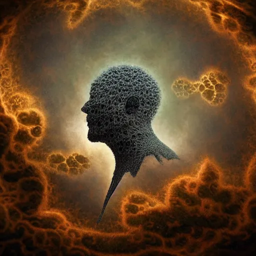 Image similar to dramatic matte portrait painting of man with black mandelbrot fractal instead of face, horror, body horror, dark art,