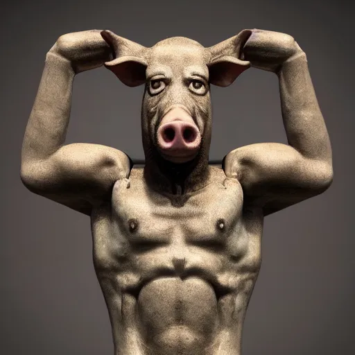 Image similar to a highly detailed realistic photographic render crucified humanoid pig, christ with the head of a pig, dead souls, religious sculpture, creepy, cinematic lighting, cinematic scene, Volumetric lighting, Atmospheric scene, Dark, Horror, Atmospheric lighting, Global illumination, realistic, photo realism, hyper realistic, hyper realism, photo realisitc, cinematic render, film, beautifully lit, ray traced, octane 3D render, octane render, unreal engine