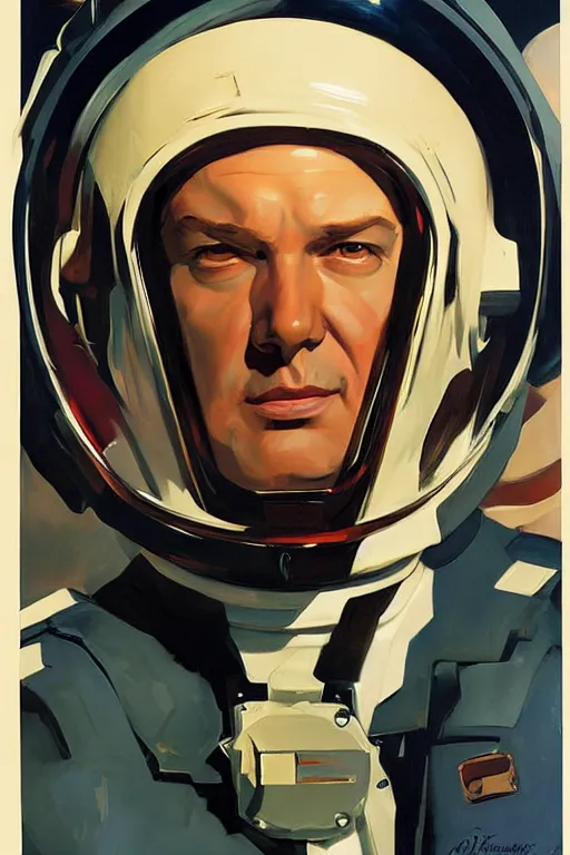 Image similar to rich evans space cop painting by jc leyendecker!! phil hale!, angular, brush strokes, painterly, vintage, crisp