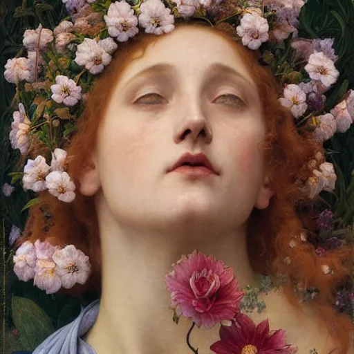Image similar to queen of flowers, by annie swynnerton and charlie bowater and tino rodriguez and nicholas roerich and jean delville and evelyn de morgan and william - adolphe bouguereau, dramatic lighting, floral tattoos, rich colors, smooth sharp focus, extremely detailed, donato giancola, adolf wolfli