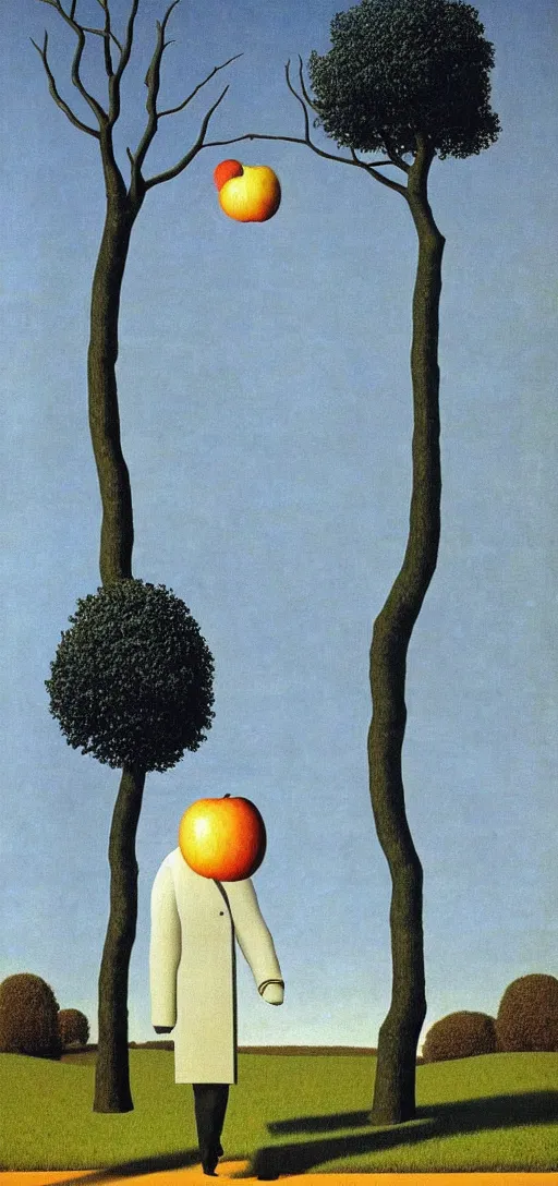 Image similar to Philosopher with apple head walking in the park on an Autumn night by Rene Magritte. Long surreal shadows. Blue.