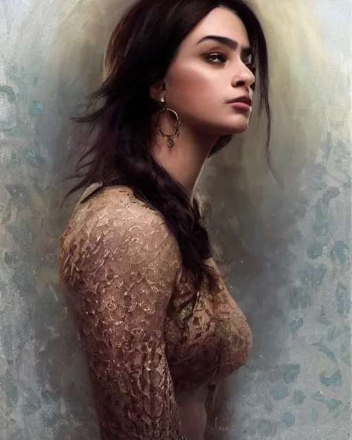 Image similar to a highly realistic, true to life portrait of a beautiful young middle eastern girl, soft focus, from the waist up, with sharp features, a beautiful face, soft smile, under studio lighting, taken with a canon eos camera with 1 3 5 mm focal length, art by karol bak, james jean, tom bagshaw, trending on artstation,