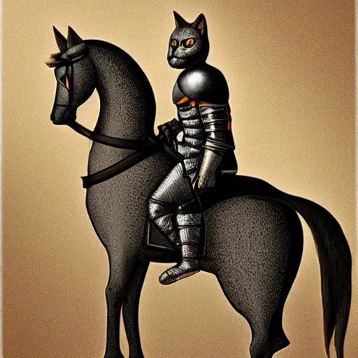 Prompt: cat knight in armor sitting on a horse