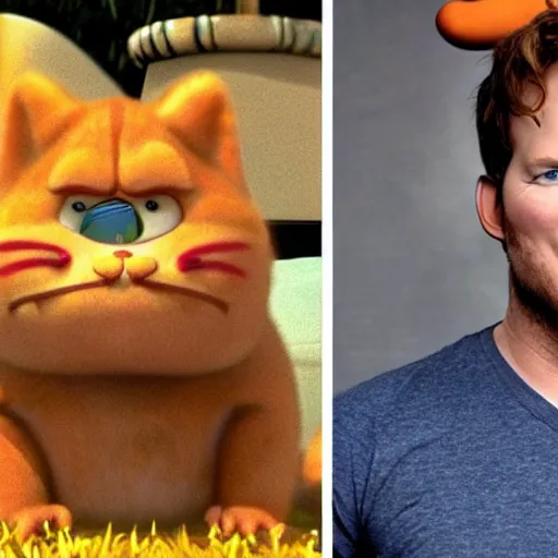 Prompt: Chris Pratt as live action Garfield, hyper-realistic, CGI, highly detailed