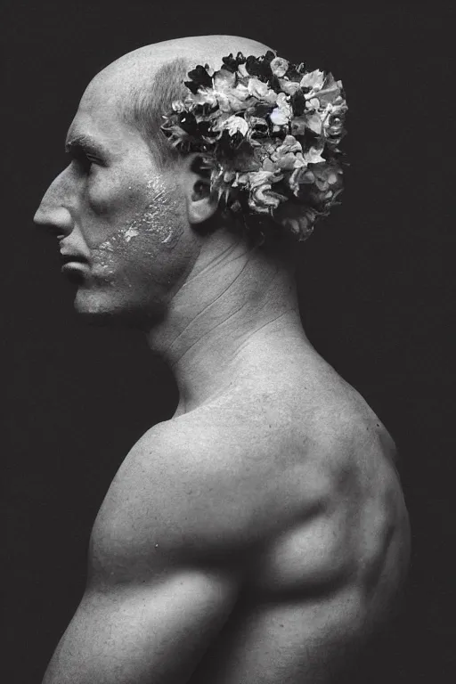 Image similar to a man's face in profile, clean shaven, made of flowers and fruit, in the style of the Dutch masters and Gregory crewdson, dark and moody