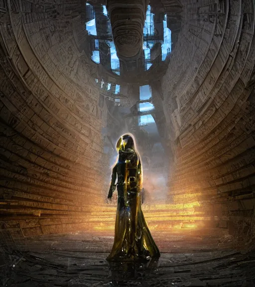 Image similar to canon photo of tarkovsky greatest scene, aura of the ancient destroyed majestic tower of babylon, a woman in futuristic cyber clothing, transparent puffer jacket, hyperealistic, blockchain, cyber world, ambient lighting, concept art, intricate, hyper detailed, smooth, dynamic volumetric lighting, ocatane, ray trace, cinematic, high quality, cgsociety