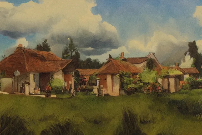 Image similar to painting of a wide shot of a rural countryside village in the style of carl valente